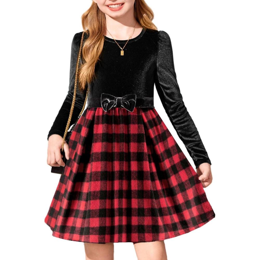 imageArshiner Girls Dresses Long Sleeve Velvet Plaid Patchwork Holiday Party Dress with PocketsBlack Red Plaid