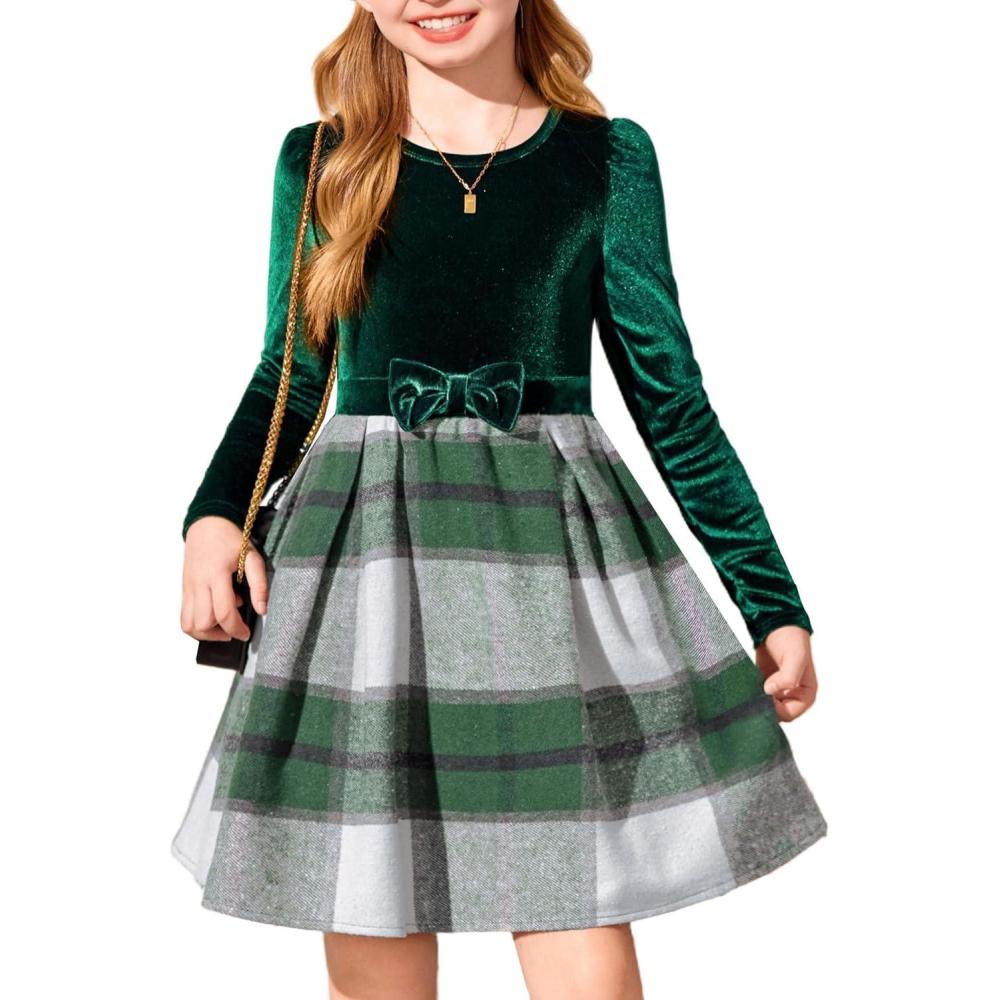 imageArshiner Girls Dresses Long Sleeve Velvet Plaid Patchwork Holiday Party Dress with PocketsGreen Plaid