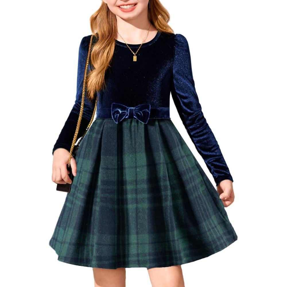 imageArshiner Girls Dresses Long Sleeve Velvet Plaid Patchwork Holiday Party Dress with PocketsNavy Blue Plaid