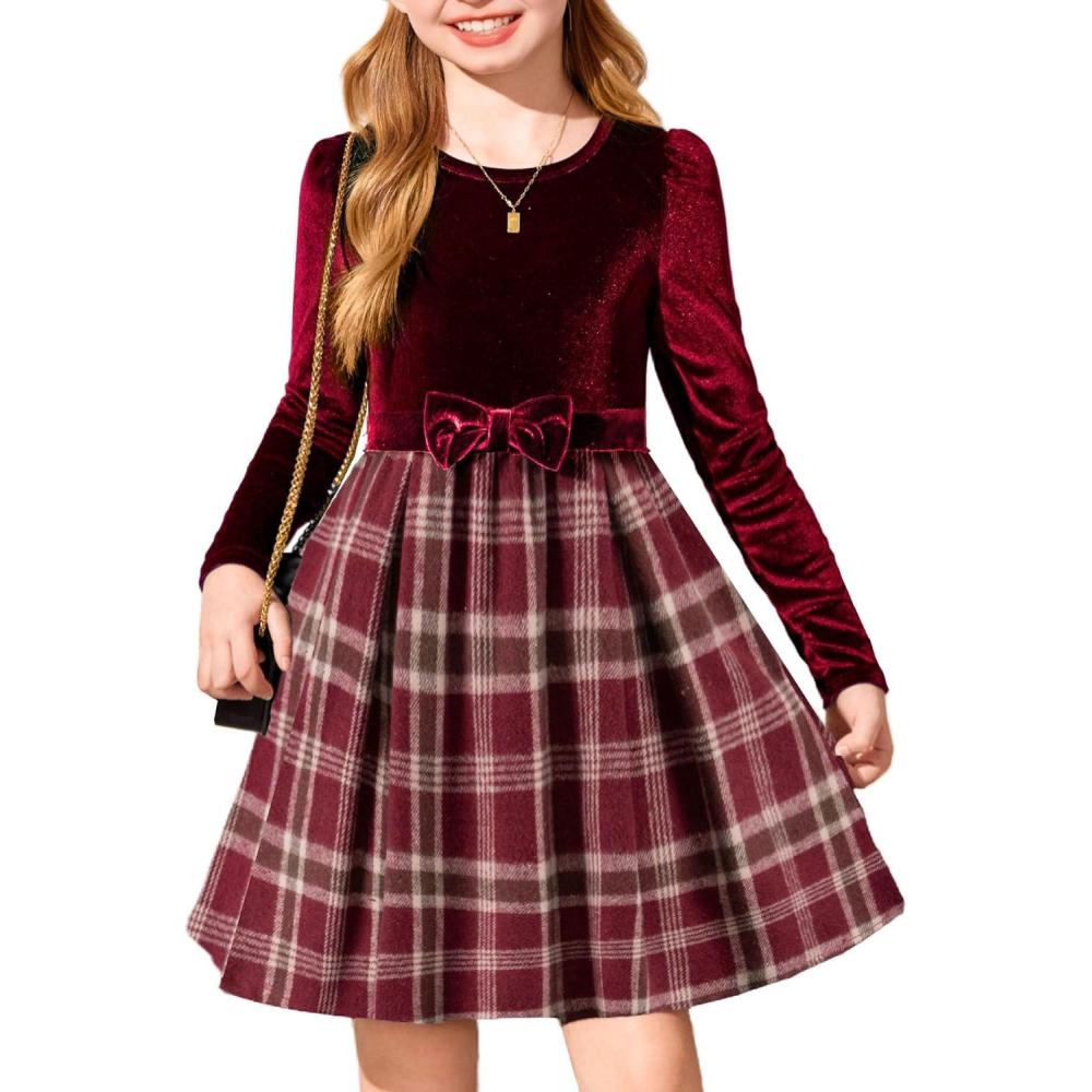 imageArshiner Girls Dresses Long Sleeve Velvet Plaid Patchwork Holiday Party Dress with PocketsRed Wine Plaid