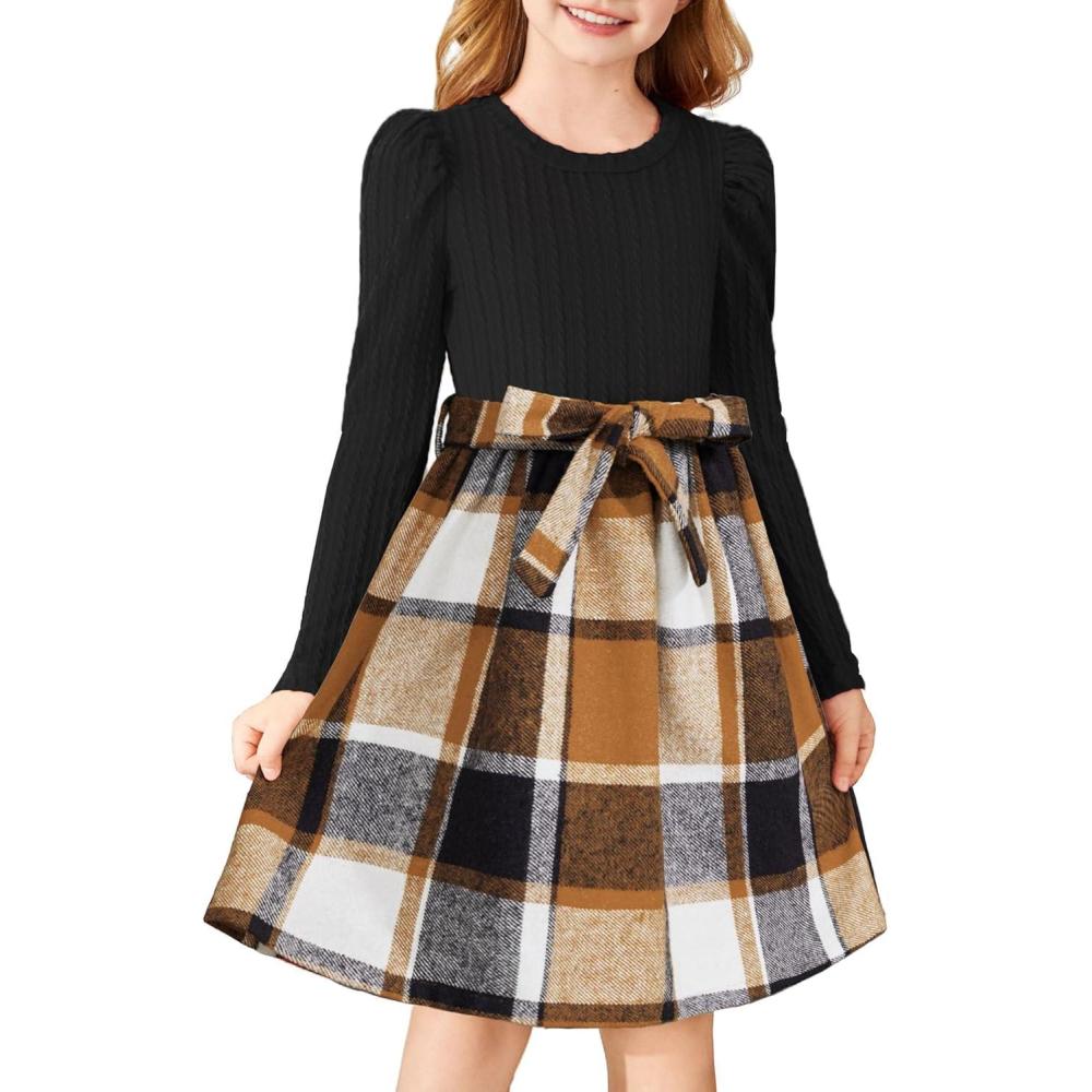 imageArshiner Girls Dresses Puff Long Sleeve Rib Knit Plaid Patchwork Belted Holiday Dress with PocketsBlack Brown Plaid