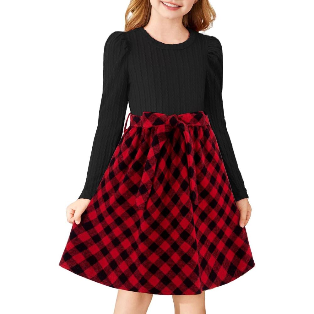 imageArshiner Girls Dresses Puff Long Sleeve Rib Knit Plaid Patchwork Belted Holiday Dress with PocketsBlack Red Plaid