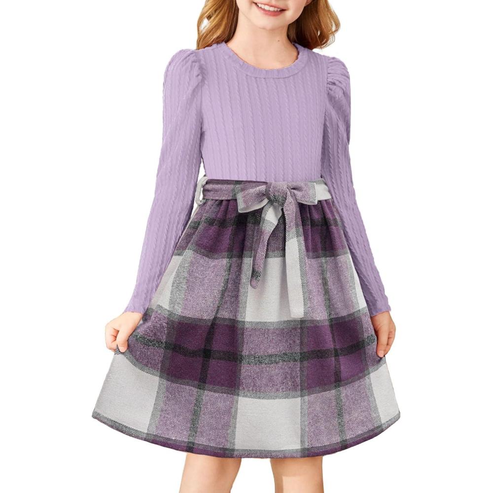 imageArshiner Girls Dresses Puff Long Sleeve Rib Knit Plaid Patchwork Belted Holiday Dress with PocketsLavender Plaid