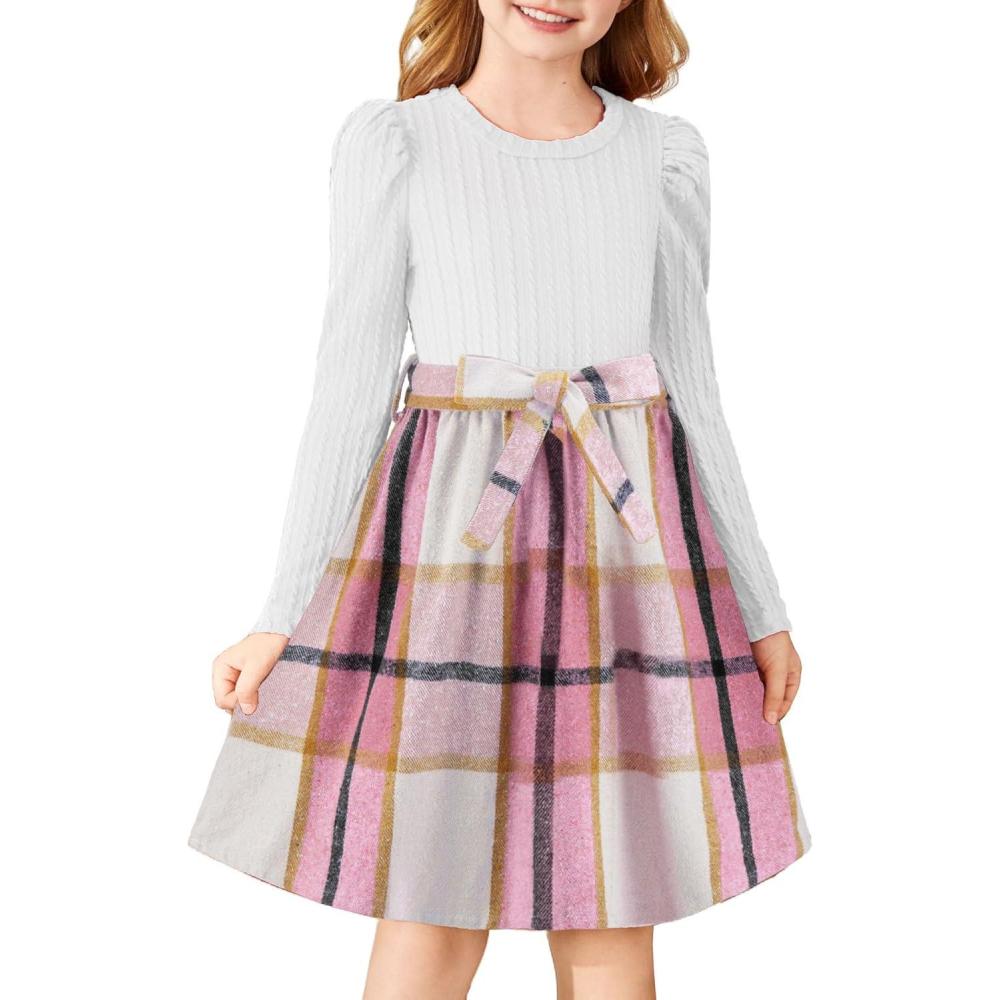 imageArshiner Girls Dresses Puff Long Sleeve Rib Knit Plaid Patchwork Belted Holiday Dress with PocketsWhite Pink Plaid