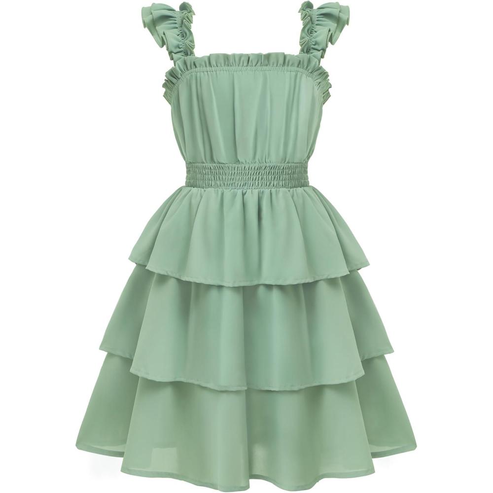 imageArshiner Girls Dresses Ruffle Flutter Sleeve Summer Floral Tiered Casual Party Dress for 614 YLight Green
