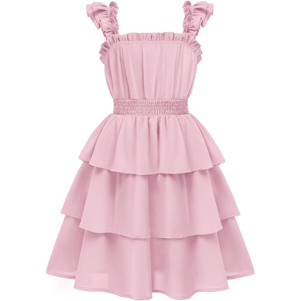 imageArshiner Girls Dresses Ruffle Flutter Sleeve Summer Floral Tiered Casual Party Dress for 614 YLight Pink