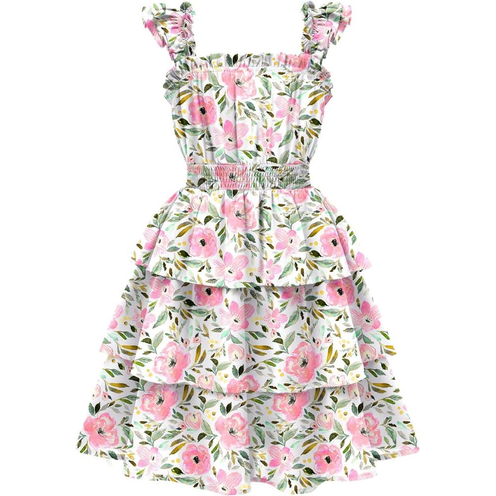 imageArshiner Girls Dresses Ruffle Flutter Sleeve Summer Floral Tiered Casual Party Dress for 614 YPink Floral