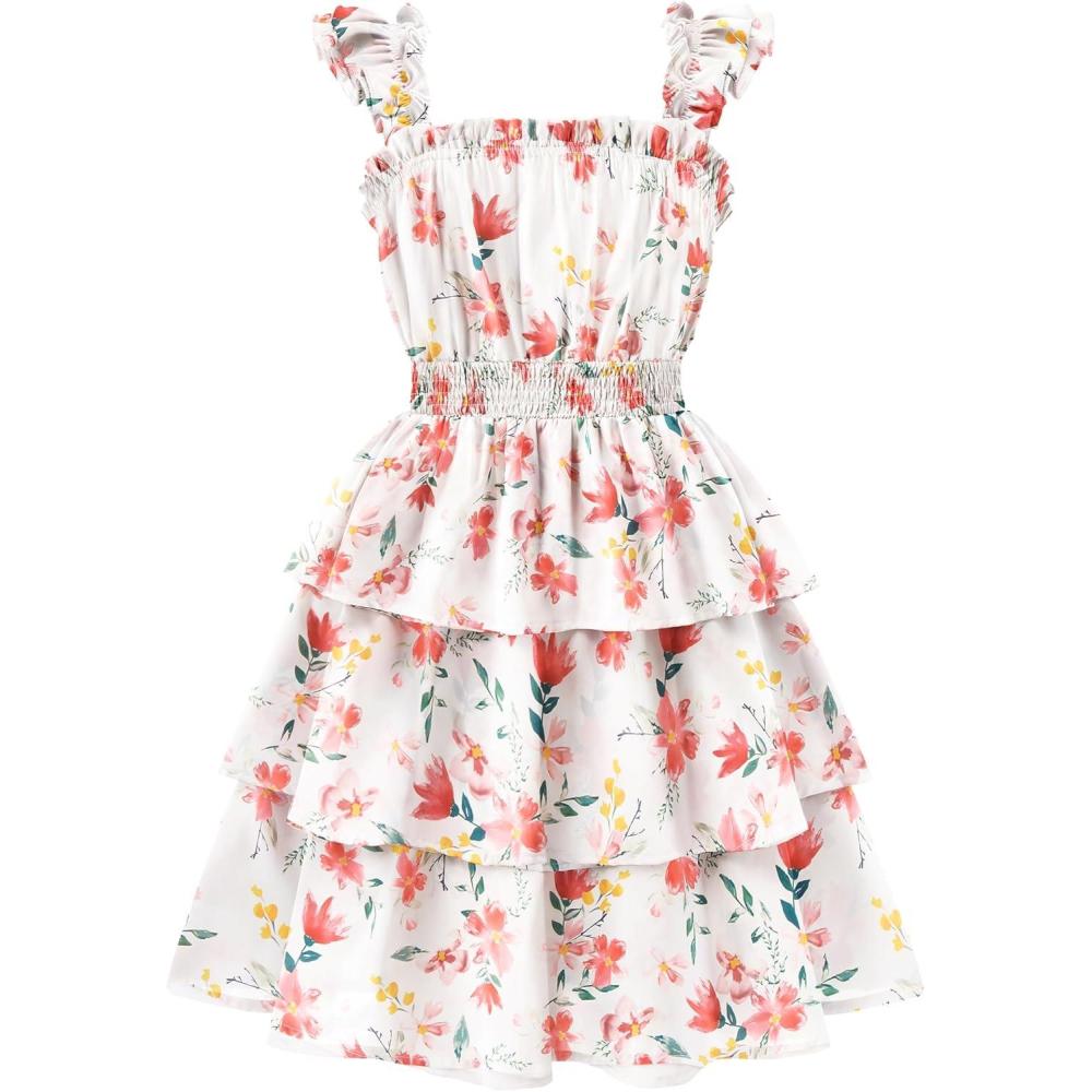 imageArshiner Girls Dresses Ruffle Flutter Sleeve Summer Floral Tiered Casual Party Dress for 614 YRed Floral