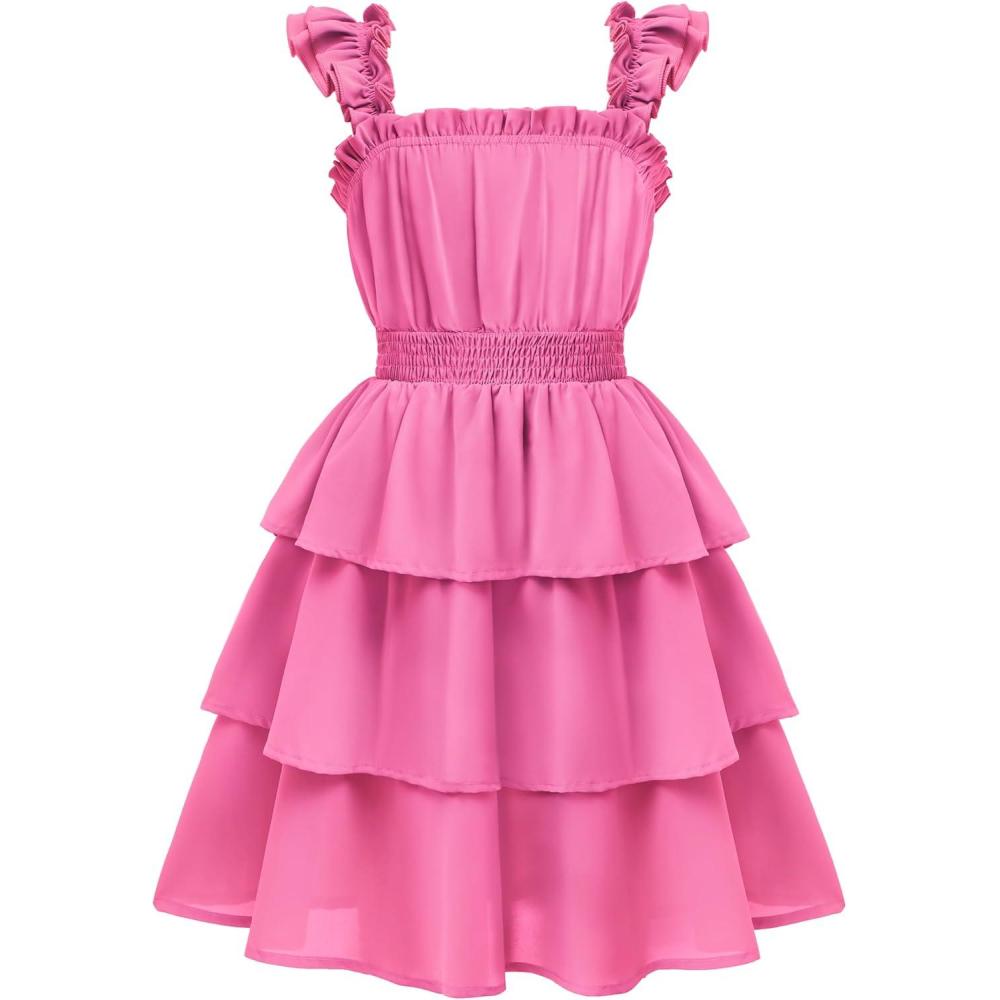 imageArshiner Girls Dresses Ruffle Flutter Sleeve Summer Floral Tiered Casual Party Dress for 614 YRose Red