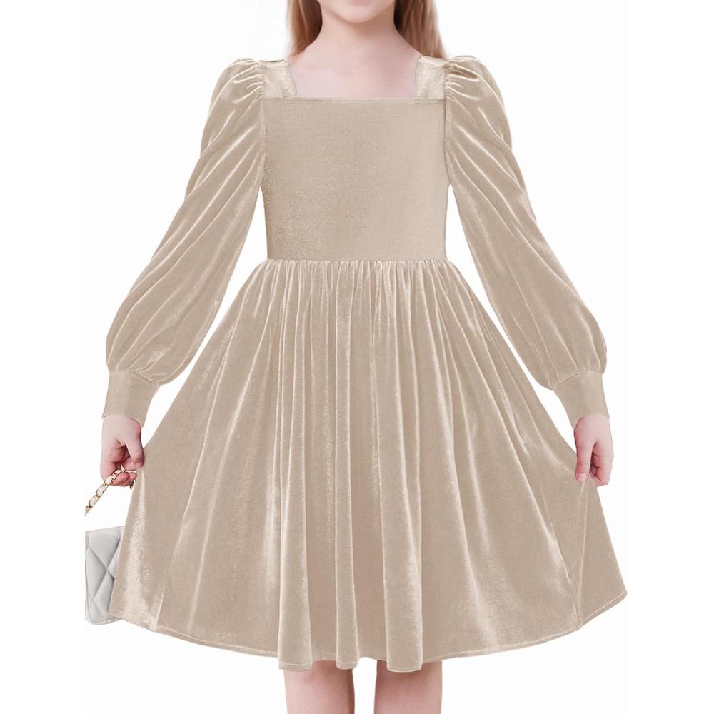 imageArshiner Girls Dresses Velvet Square Neck Puff Long Sleeve Fall Winter Holiday Dress with PocketsChampage