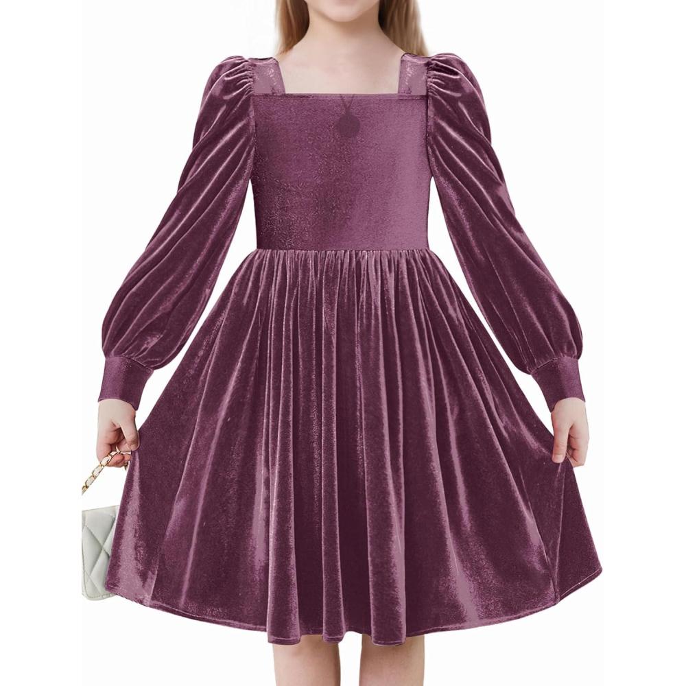 imageArshiner Girls Dresses Velvet Square Neck Puff Long Sleeve Fall Winter Holiday Dress with PocketsFuchsia