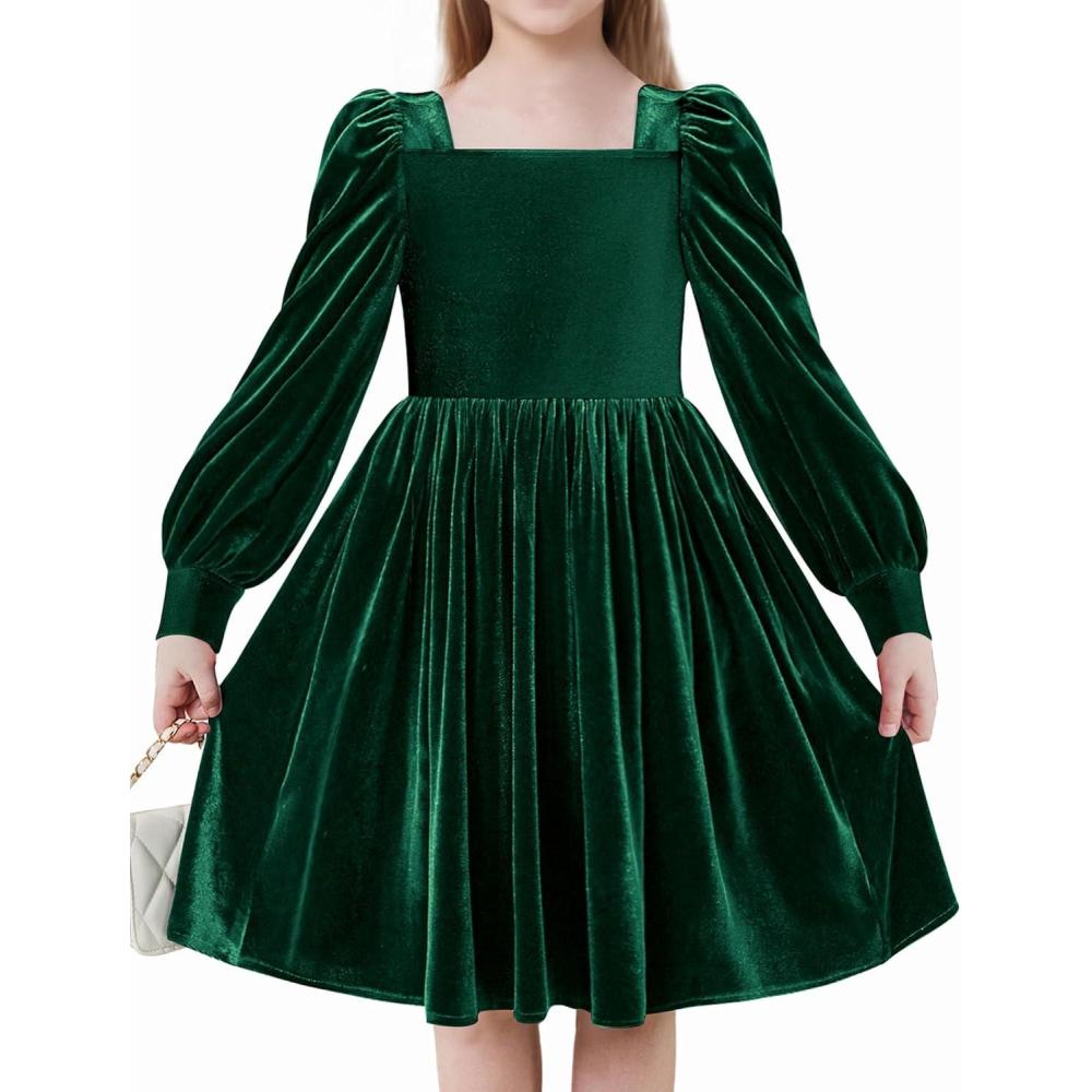 imageArshiner Girls Dresses Velvet Square Neck Puff Long Sleeve Fall Winter Holiday Dress with PocketsGreen