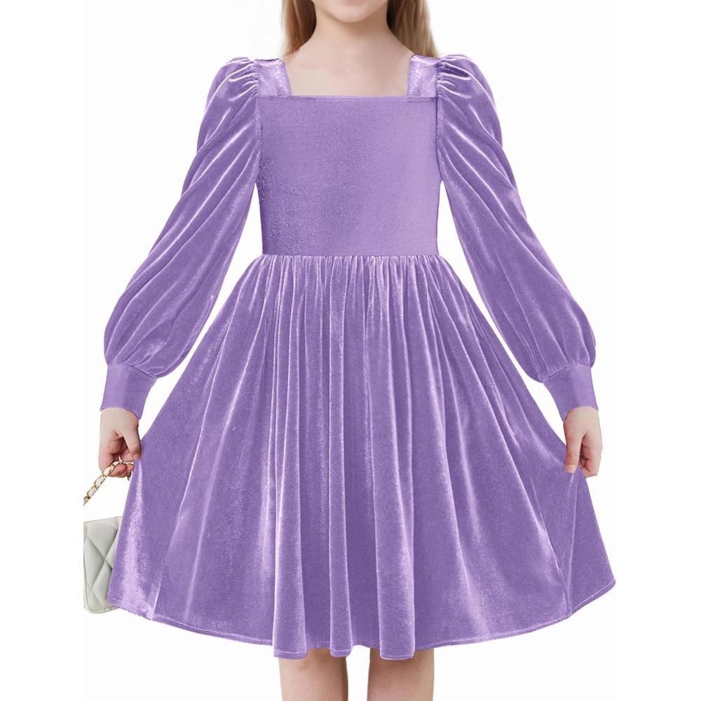 imageArshiner Girls Dresses Velvet Square Neck Puff Long Sleeve Fall Winter Holiday Dress with PocketsLavender