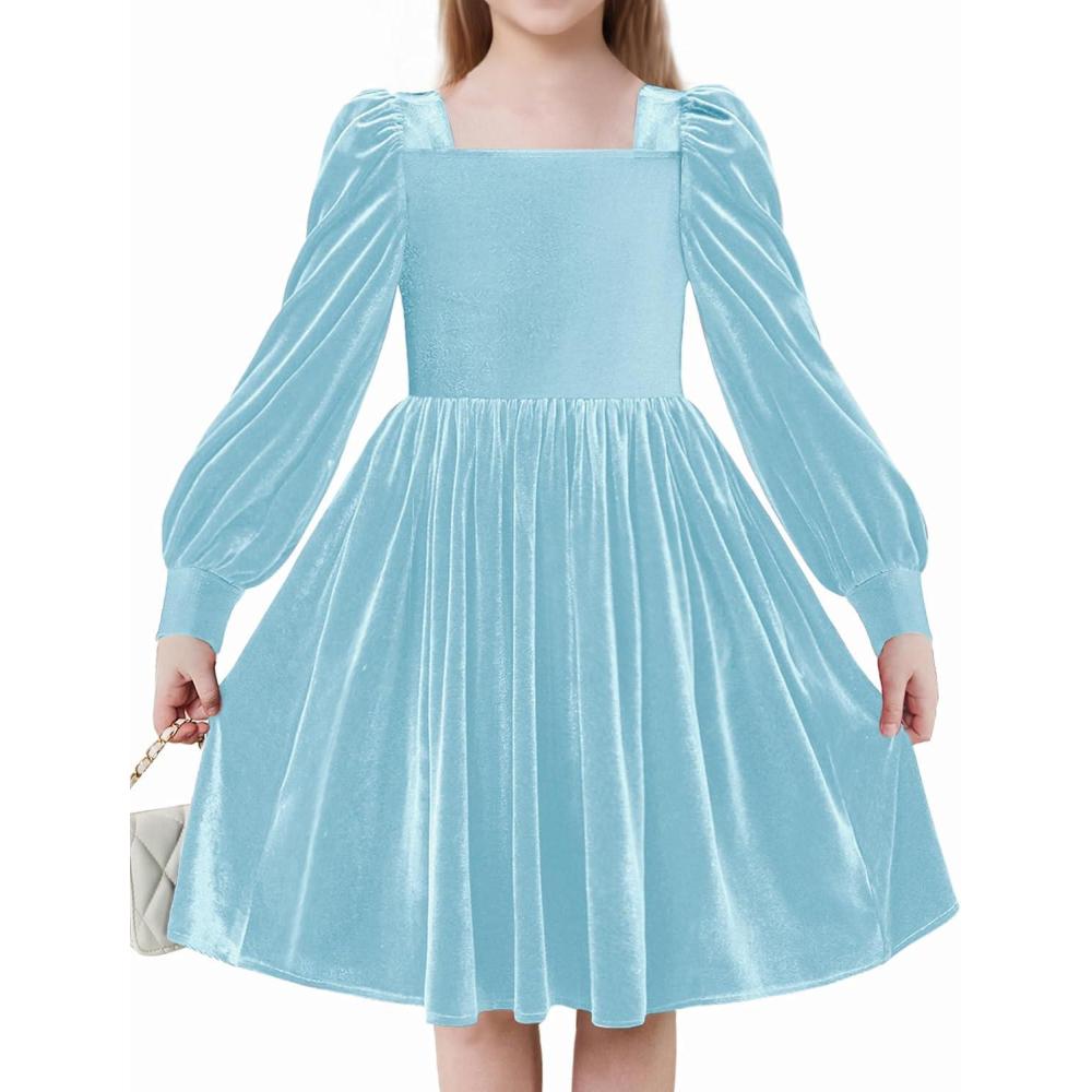 imageArshiner Girls Dresses Velvet Square Neck Puff Long Sleeve Fall Winter Holiday Dress with PocketsLight Blue