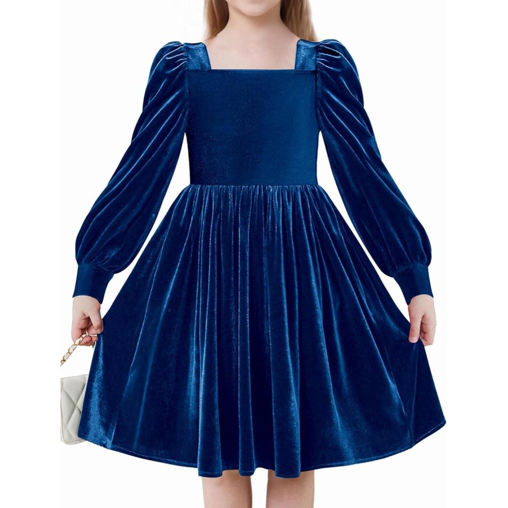 imageArshiner Girls Dresses Velvet Square Neck Puff Long Sleeve Fall Winter Holiday Dress with PocketsNavy Blue