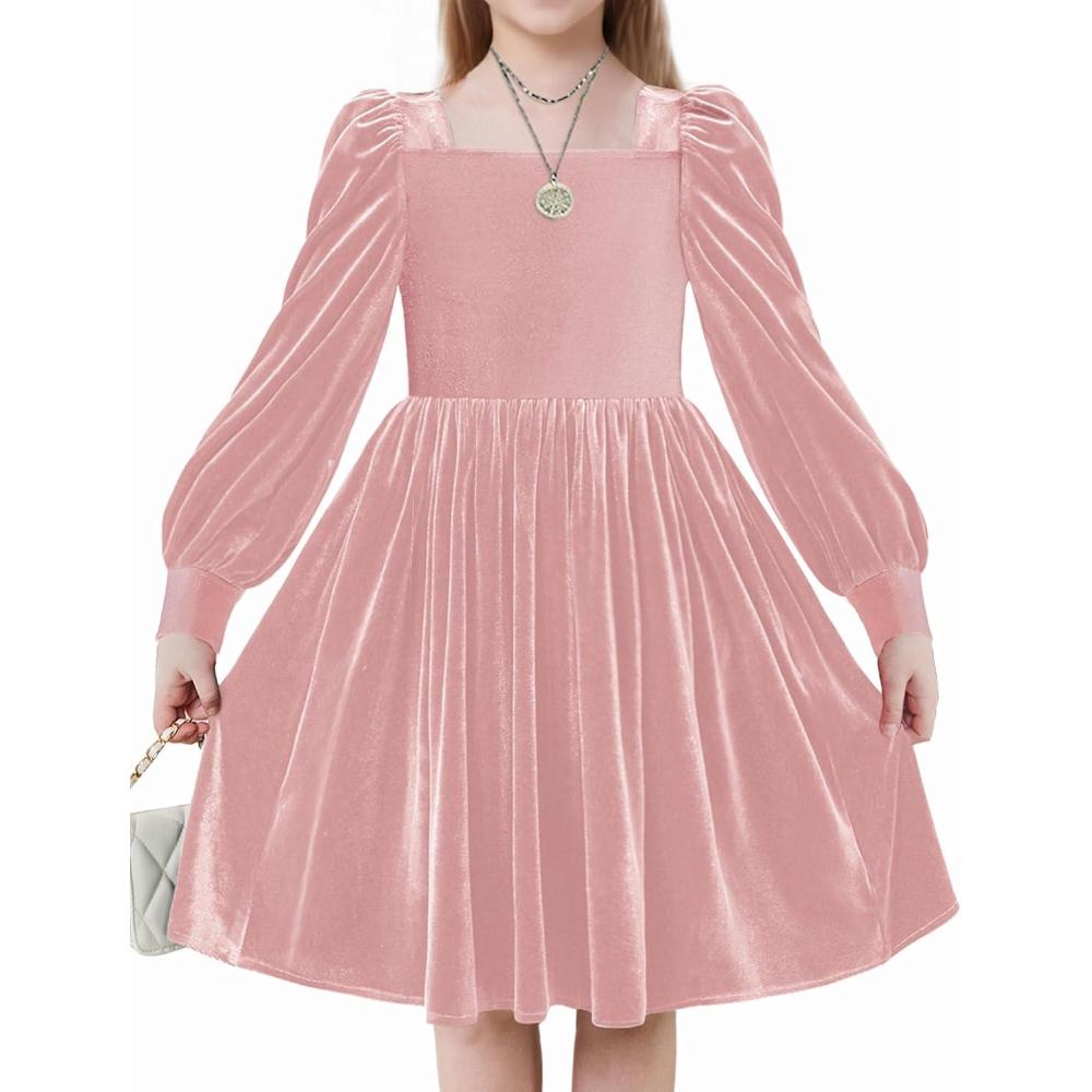 imageArshiner Girls Dresses Velvet Square Neck Puff Long Sleeve Fall Winter Holiday Dress with PocketsPink
