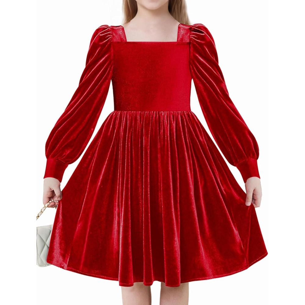 imageArshiner Girls Dresses Velvet Square Neck Puff Long Sleeve Fall Winter Holiday Dress with PocketsRed