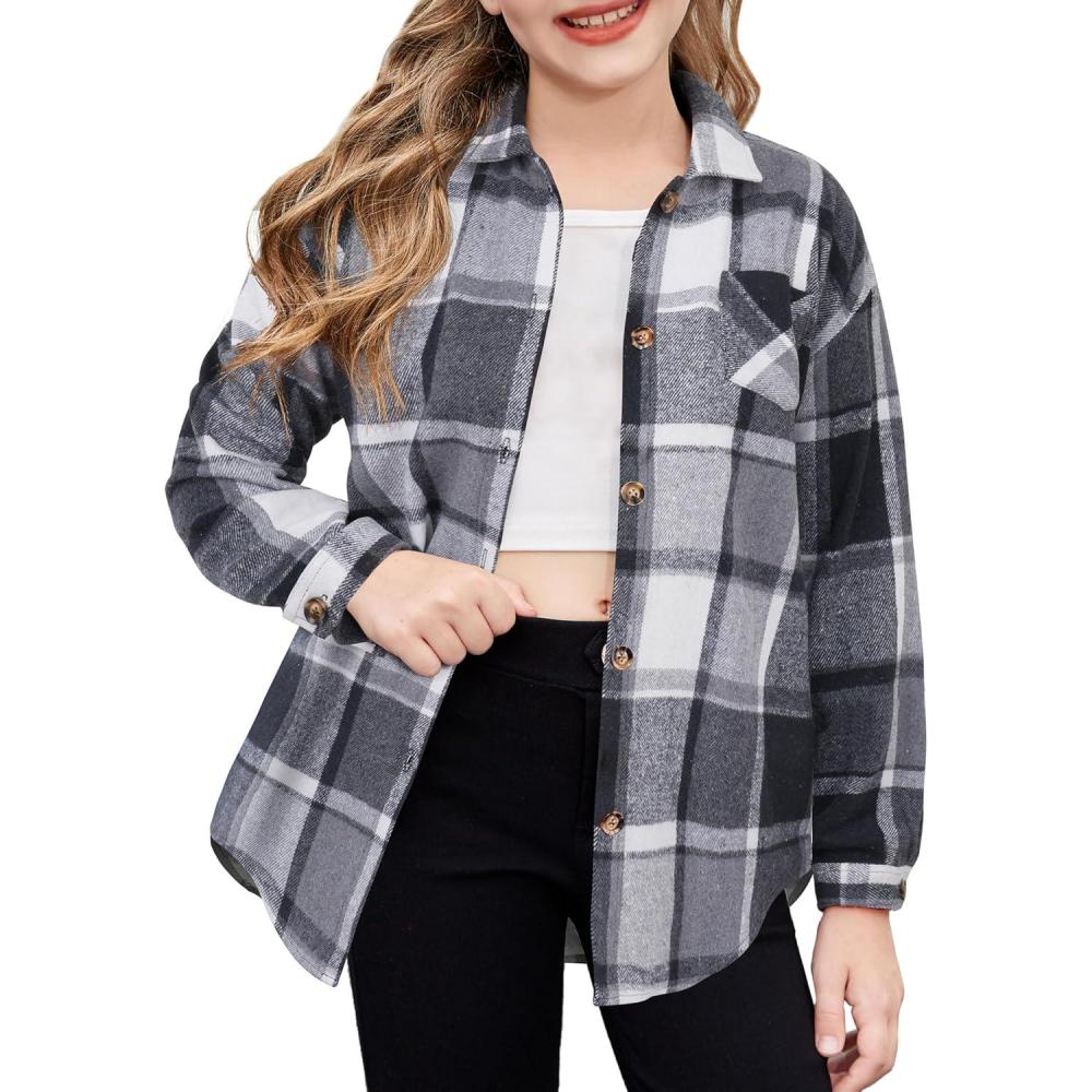 imageArshiner Girls Flannel Long Sleeve Shirts Button Down Plaid Shacket Jackets Casual Blouses Tops with PocketsBlack