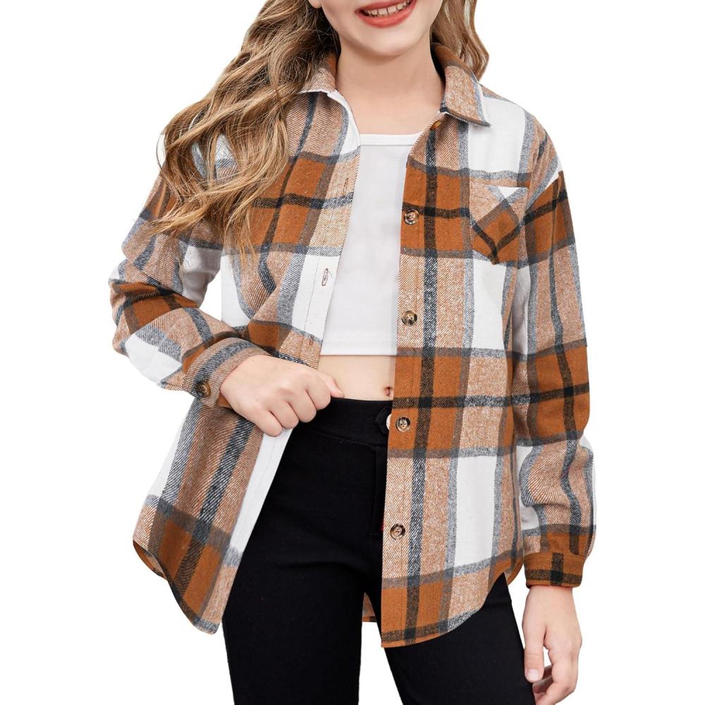imageArshiner Girls Flannel Long Sleeve Shirts Button Down Plaid Shacket Jackets Casual Blouses Tops with PocketsBrown