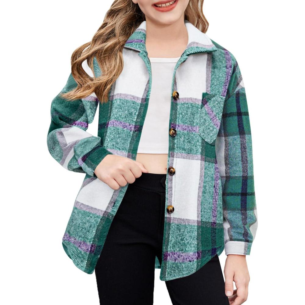 imageArshiner Girls Flannel Long Sleeve Shirts Button Down Plaid Shacket Jackets Casual Blouses Tops with PocketsGreen