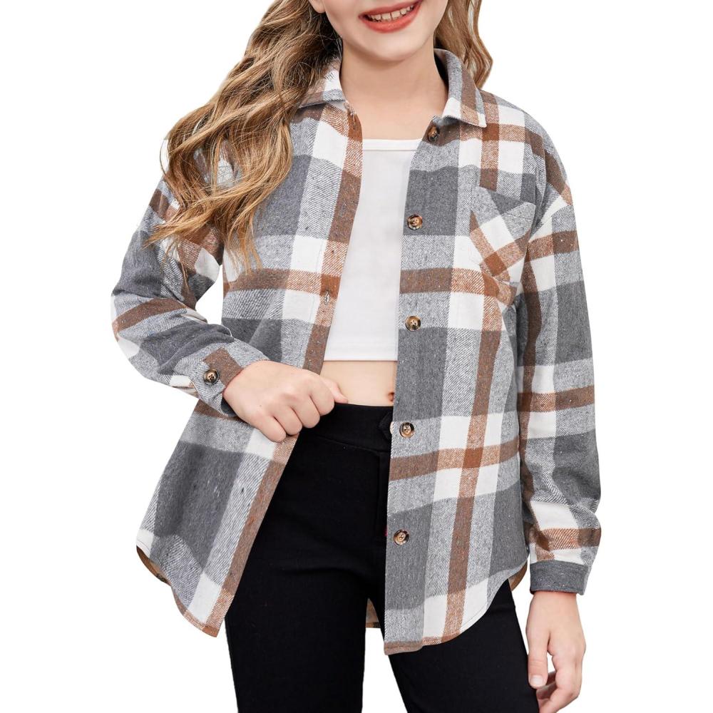 imageArshiner Girls Flannel Long Sleeve Shirts Button Down Plaid Shacket Jackets Casual Blouses Tops with PocketsGrey