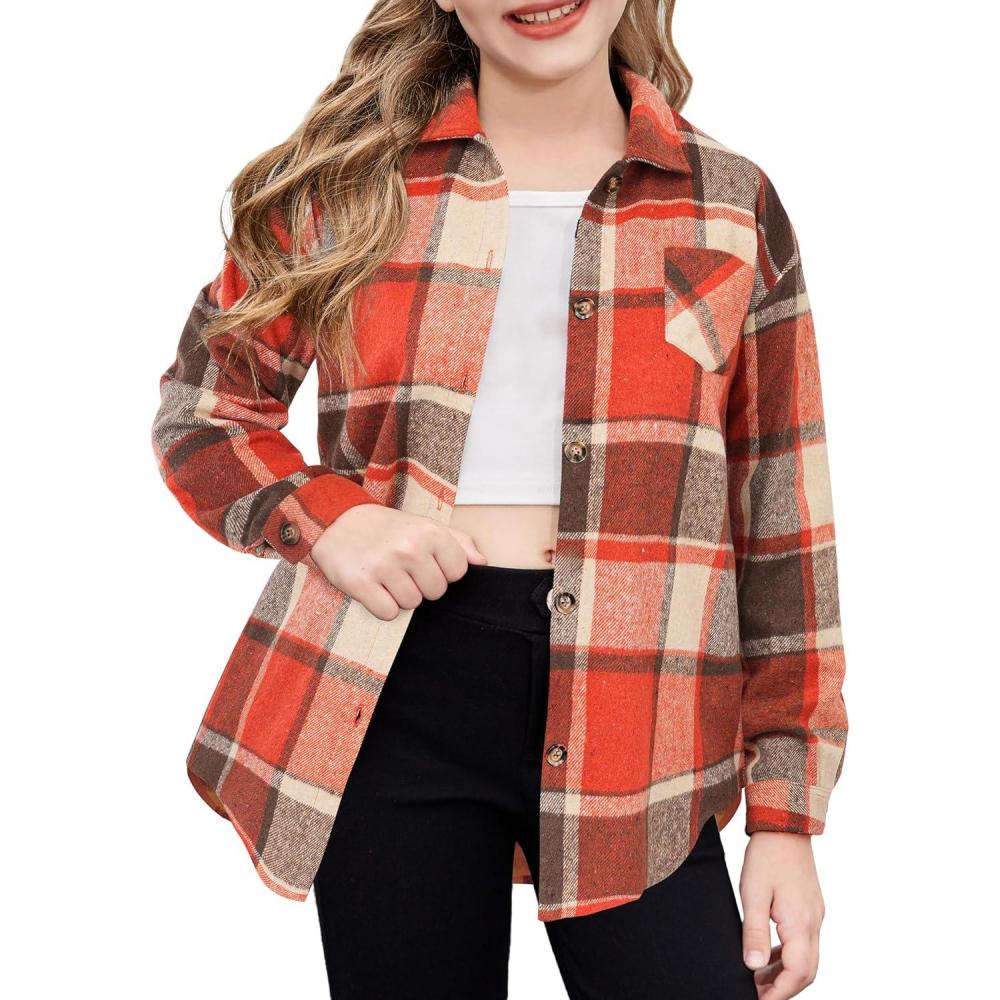 imageArshiner Girls Flannel Long Sleeve Shirts Button Down Plaid Shacket Jackets Casual Blouses Tops with PocketsOrange
