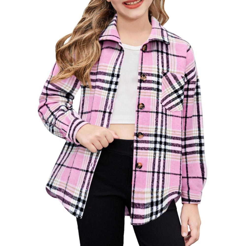 imageArshiner Girls Flannel Long Sleeve Shirts Button Down Plaid Shacket Jackets Casual Blouses Tops with PocketsPink