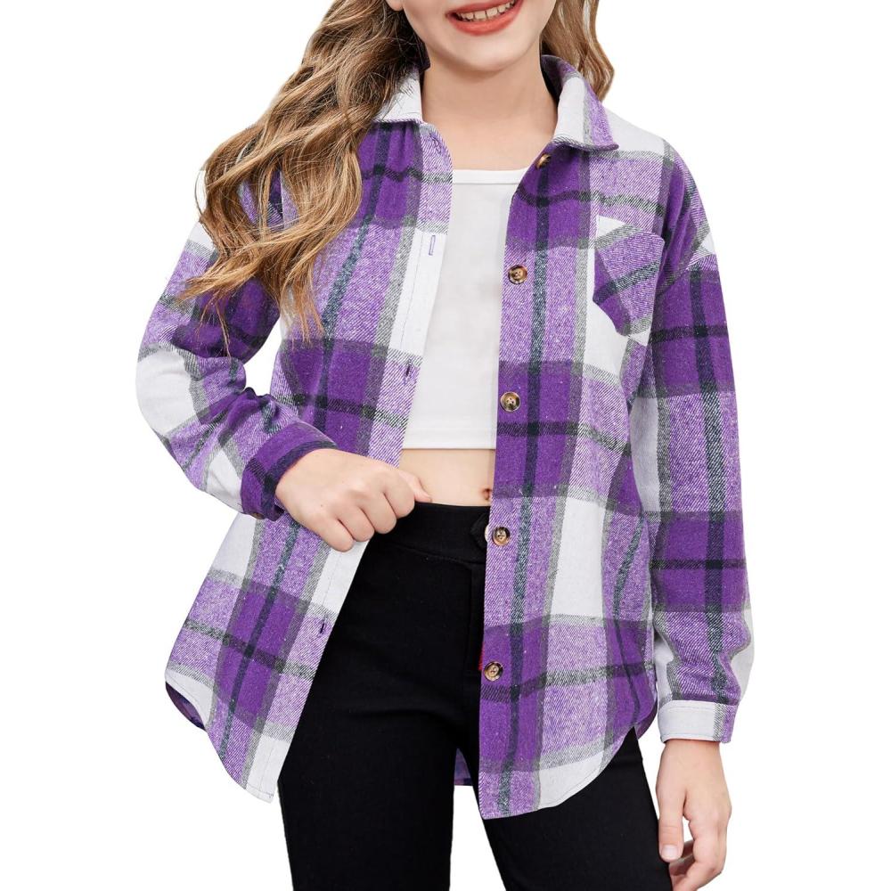 imageArshiner Girls Flannel Long Sleeve Shirts Button Down Plaid Shacket Jackets Casual Blouses Tops with PocketsPurple