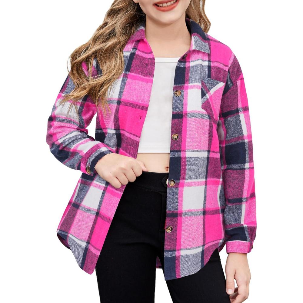 imageArshiner Girls Flannel Long Sleeve Shirts Button Down Plaid Shacket Jackets Casual Blouses Tops with PocketsRose Red