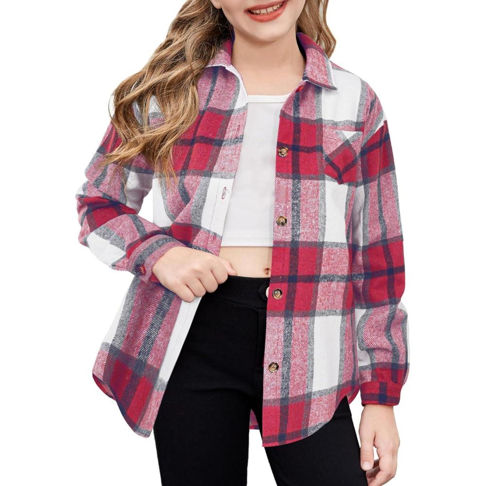 imageArshiner Girls Flannel Long Sleeve Shirts Button Down Plaid Shacket Jackets Casual Blouses Tops with PocketsWine Red