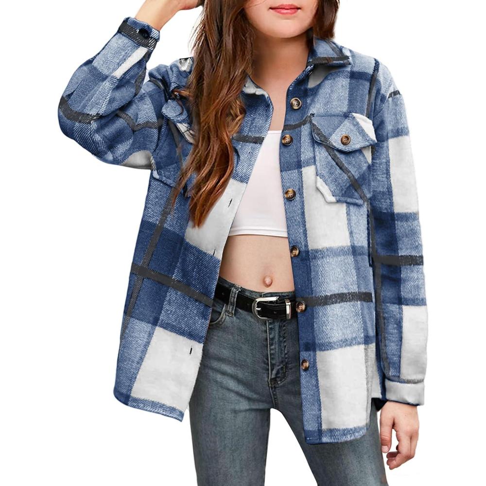imageArshiner Girls Flannel Plaid Jackets Button Down Long Sleeve Shirts Blouses Tops with Pockets OutfitsBlue