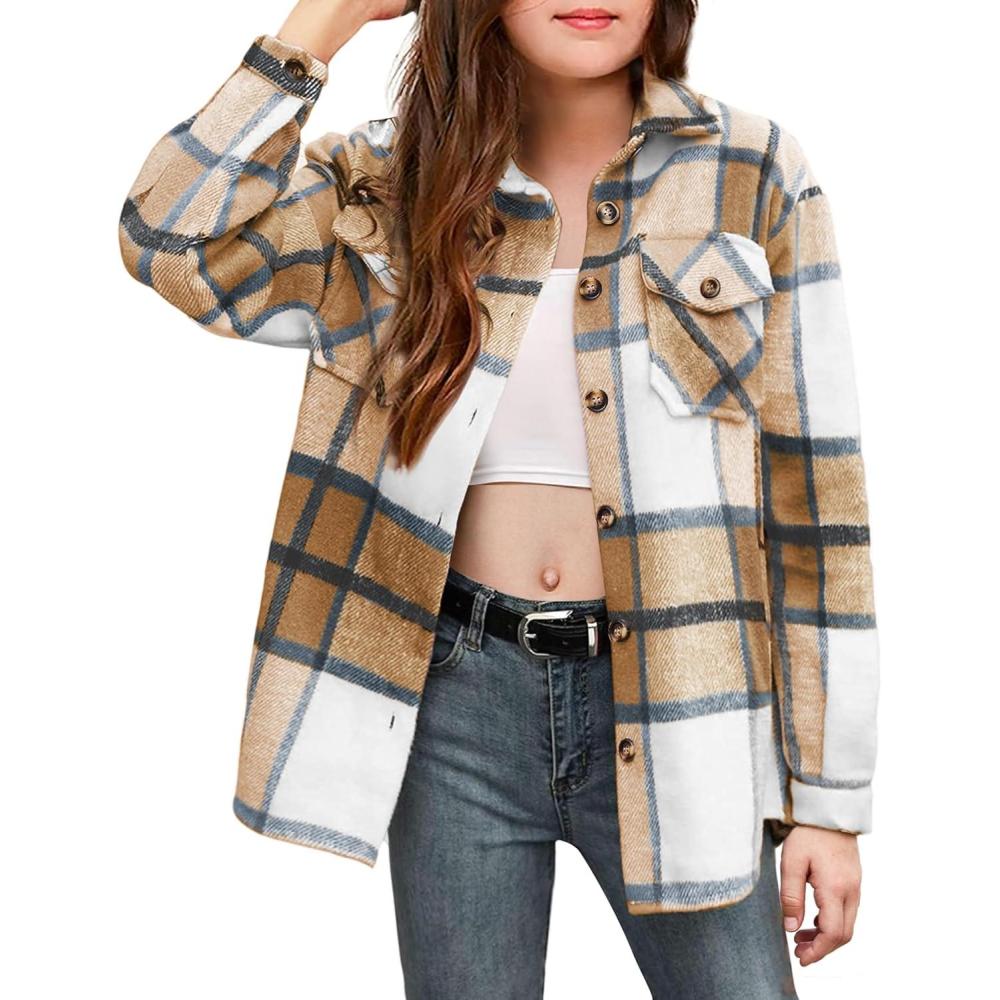 imageArshiner Girls Flannel Plaid Jackets Button Down Long Sleeve Shirts Blouses Tops with Pockets OutfitsBrown