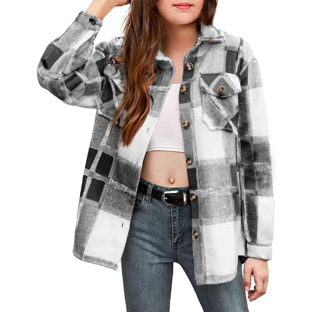 imageArshiner Girls Flannel Plaid Jackets Button Down Long Sleeve Shirts Blouses Tops with Pockets OutfitsGrey