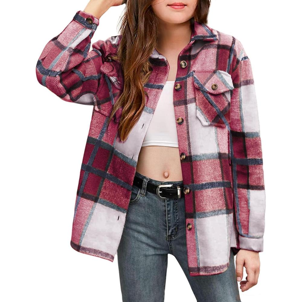 imageArshiner Girls Flannel Plaid Jackets Button Down Long Sleeve Shirts Blouses Tops with Pockets OutfitsGrey Plaid