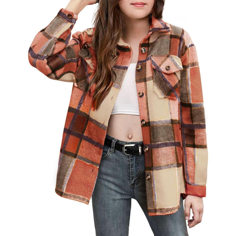 imageArshiner Girls Flannel Plaid Jackets Button Down Long Sleeve Shirts Blouses Tops with Pockets OutfitsKhaki Plaid