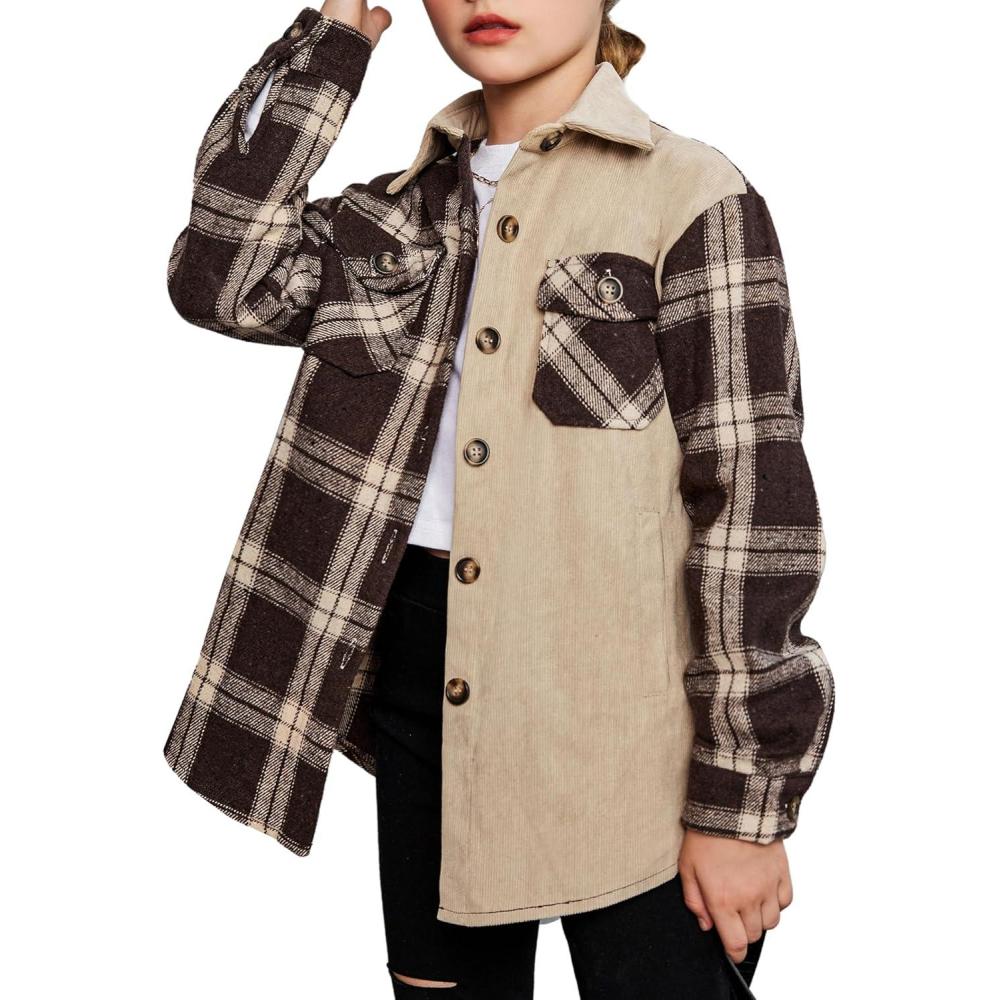 imageArshiner Girls Flannel Plaid Jackets Button Down Long Sleeve Shirts Blouses Tops with Pockets OutfitsKhakibrown