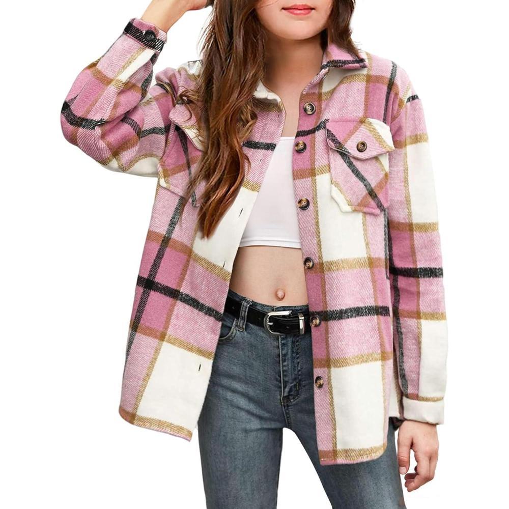 imageArshiner Girls Flannel Plaid Jackets Button Down Long Sleeve Shirts Blouses Tops with Pockets OutfitsPink1
