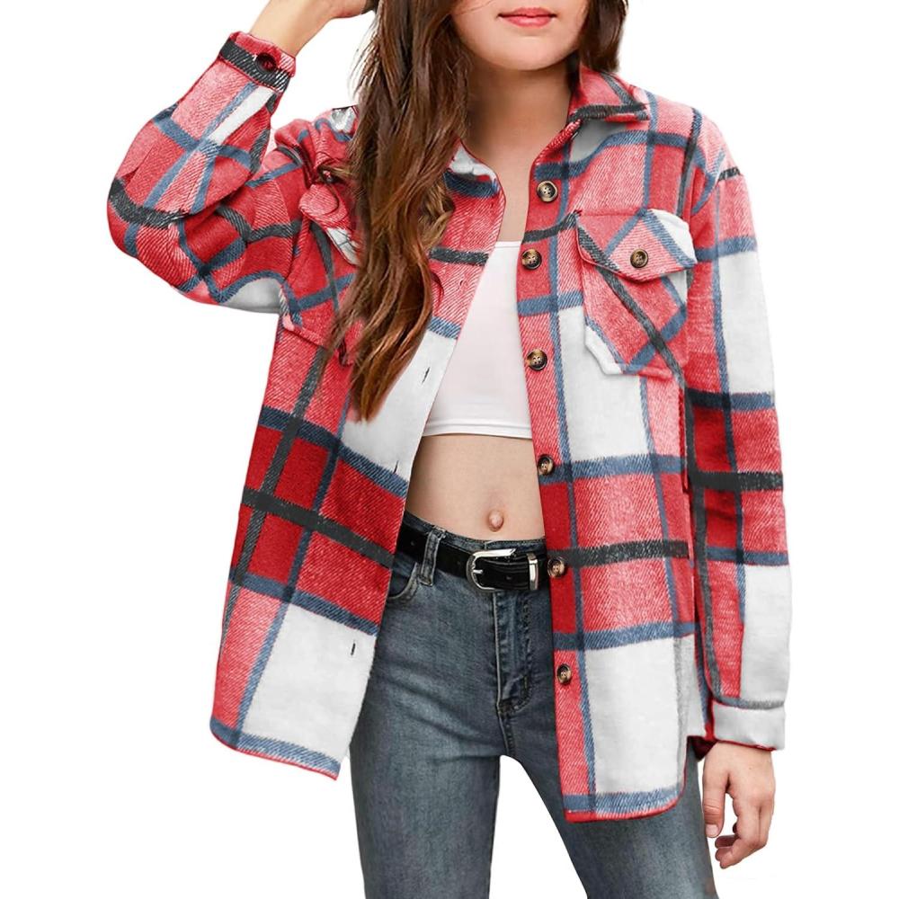 imageArshiner Girls Flannel Plaid Jackets Button Down Long Sleeve Shirts Blouses Tops with Pockets OutfitsRed