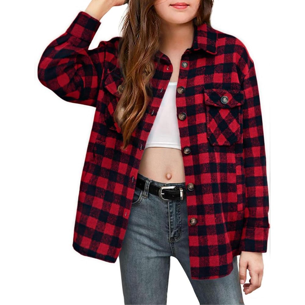 imageArshiner Girls Flannel Plaid Jackets Button Down Long Sleeve Shirts Blouses Tops with Pockets OutfitsRed Plaid
