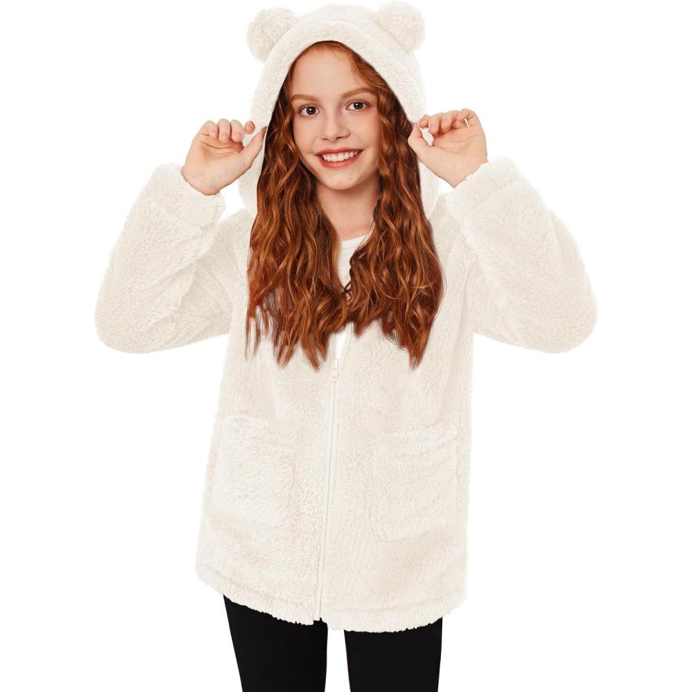 imageArshiner Girls Fleece Jacket Kids Zip Up Fall Winter Fuzzy Sherpa Outwear Coat with PocketsBeige