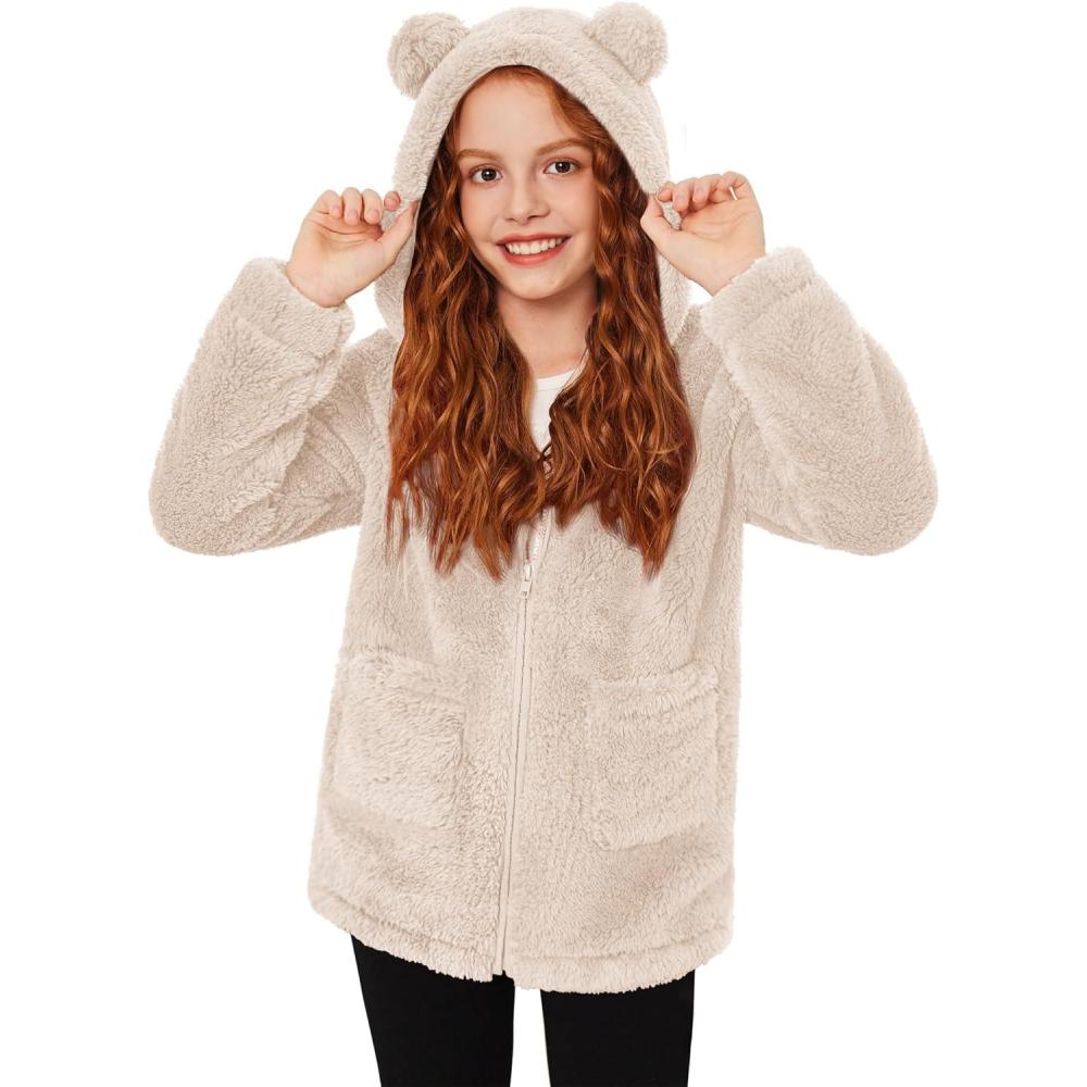 imageArshiner Girls Fleece Jacket Kids Zip Up Fall Winter Fuzzy Sherpa Outwear Coat with PocketsChampagne