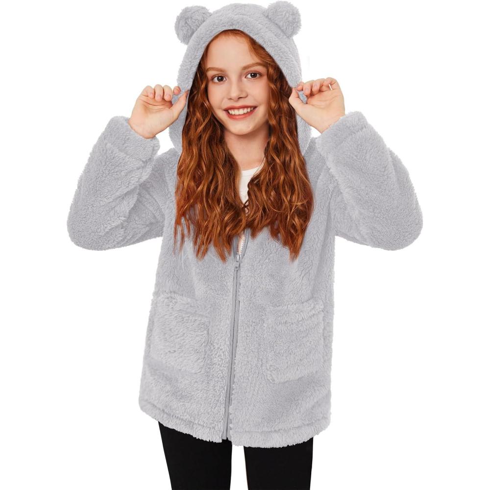 imageArshiner Girls Fleece Jacket Kids Zip Up Fall Winter Fuzzy Sherpa Outwear Coat with PocketsGrey
