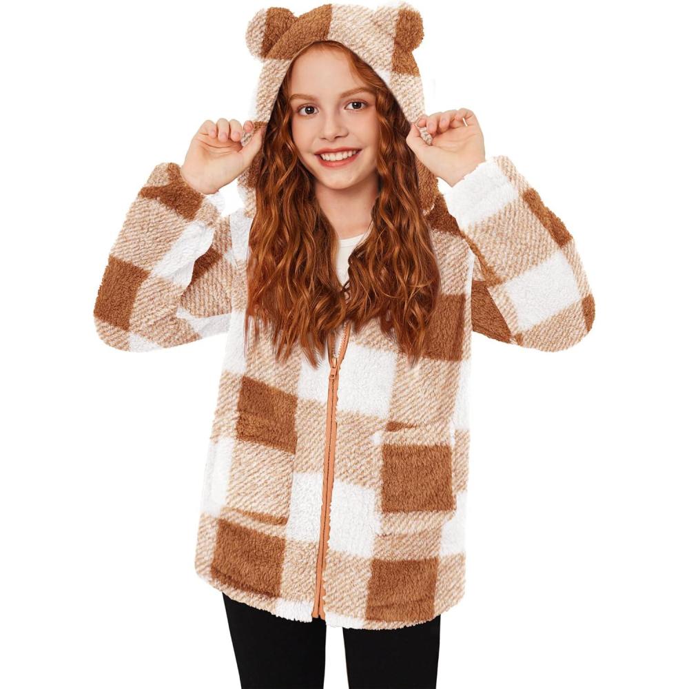 imageArshiner Girls Fleece Jacket Kids Zip Up Fall Winter Fuzzy Sherpa Outwear Coat with PocketsKhaki Plaid