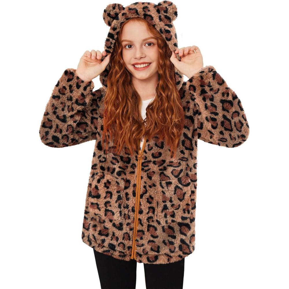 imageArshiner Girls Fleece Jacket Kids Zip Up Fall Winter Fuzzy Sherpa Outwear Coat with PocketsLeopard