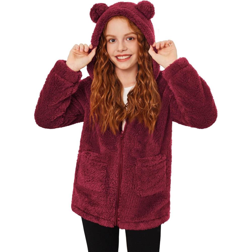 imageArshiner Girls Fleece Jacket Kids Zip Up Fall Winter Fuzzy Sherpa Outwear Coat with PocketsRed