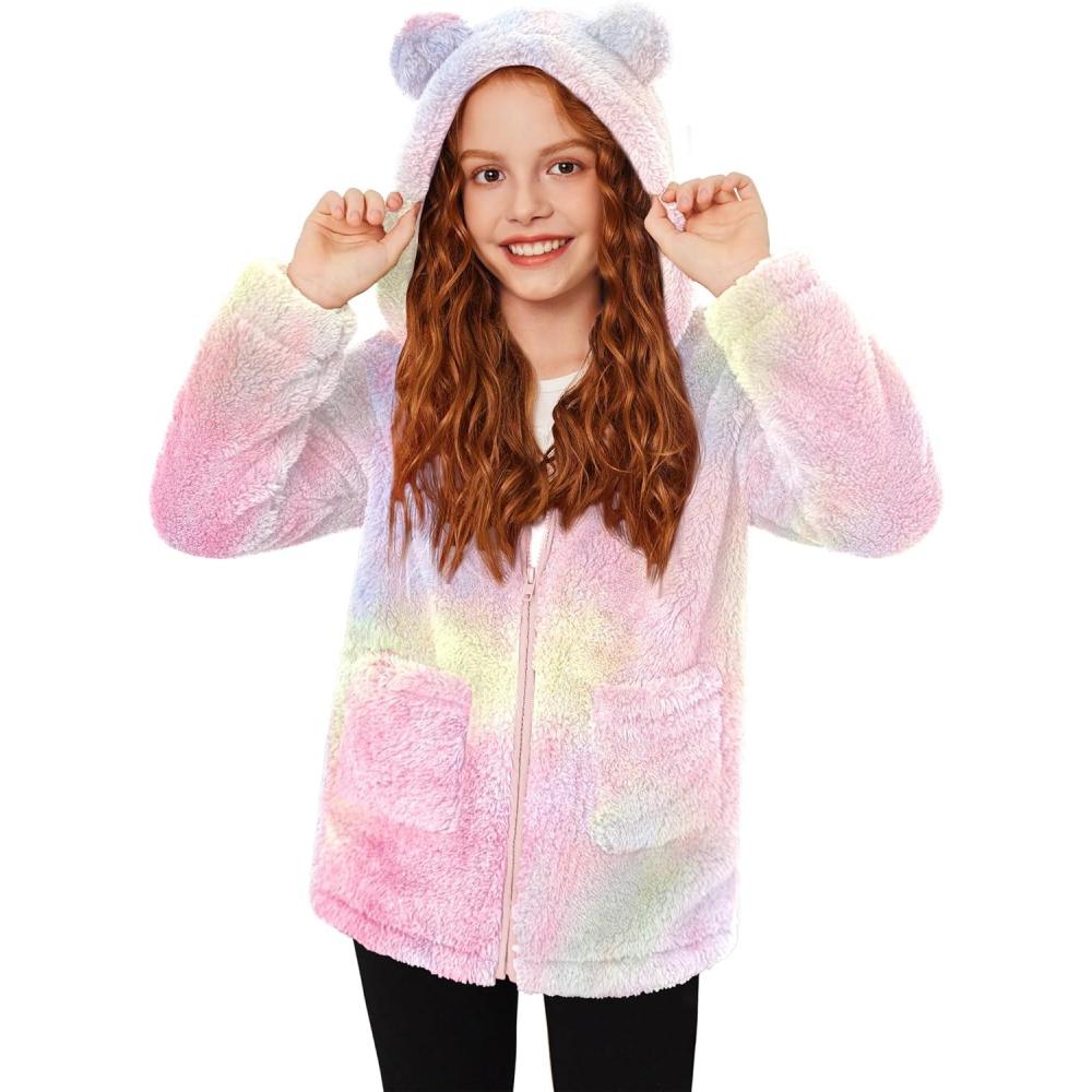 imageArshiner Girls Fleece Jacket Kids Zip Up Fall Winter Fuzzy Sherpa Outwear Coat with PocketsTie Dye