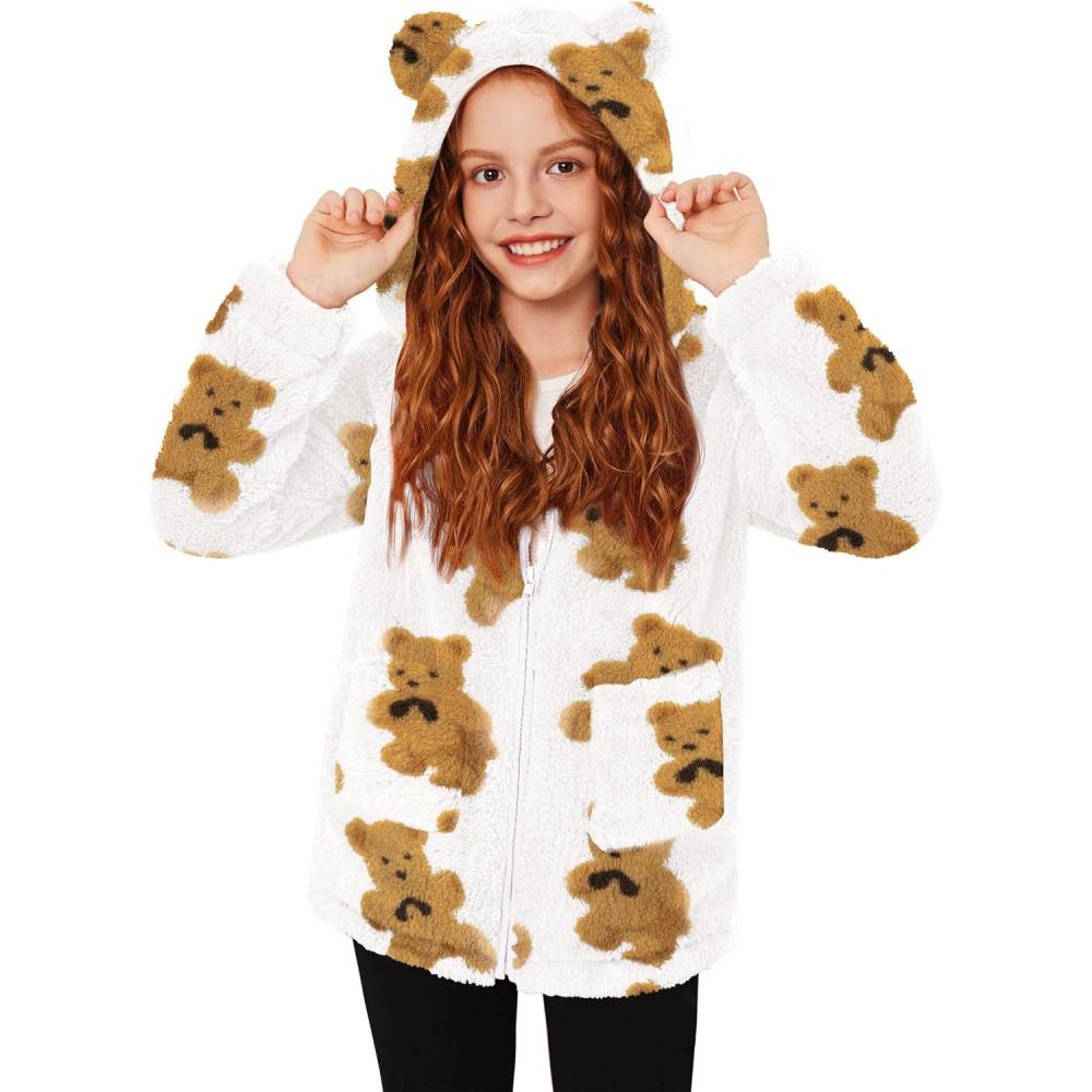 imageArshiner Girls Fleece Jacket Kids Zip Up Fall Winter Fuzzy Sherpa Outwear Coat with PocketsWhite Bear