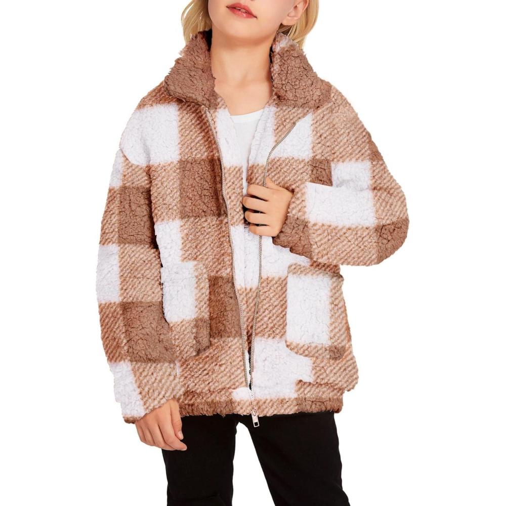 imageArshiner Girls Full Zip Fleece Jacket Sherpa Outwear Coat Fall Winter for 412YBrown Plaid