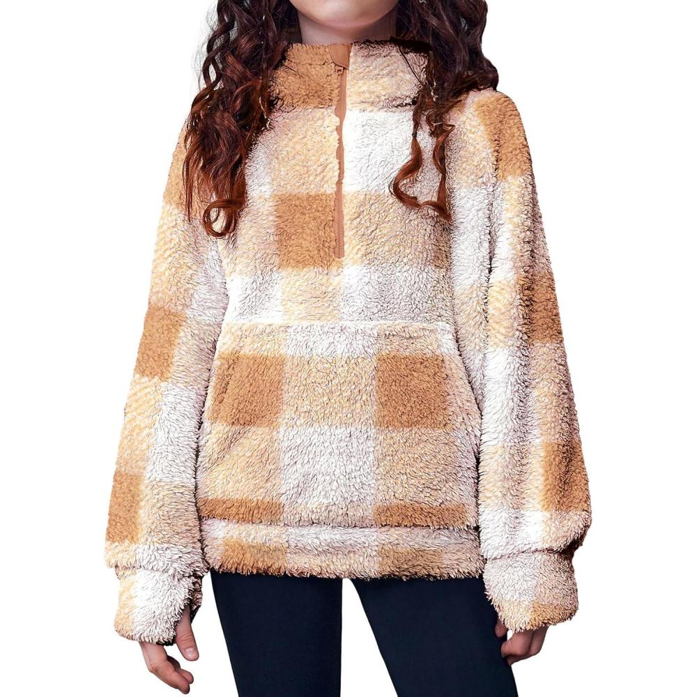 imageArshiner Girls Fuzzy Hoodies Half Zip Sherpa Pullover Sweatshirt Fleece Cozy Outwear Coat with PocketsKhaki Plaid
