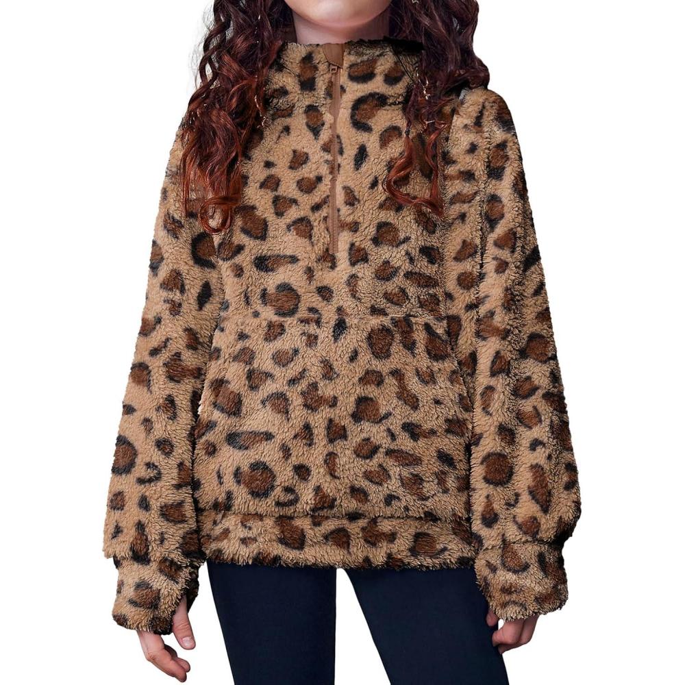 imageArshiner Girls Fuzzy Hoodies Half Zip Sherpa Pullover Sweatshirt Fleece Cozy Outwear Coat with PocketsLeopard